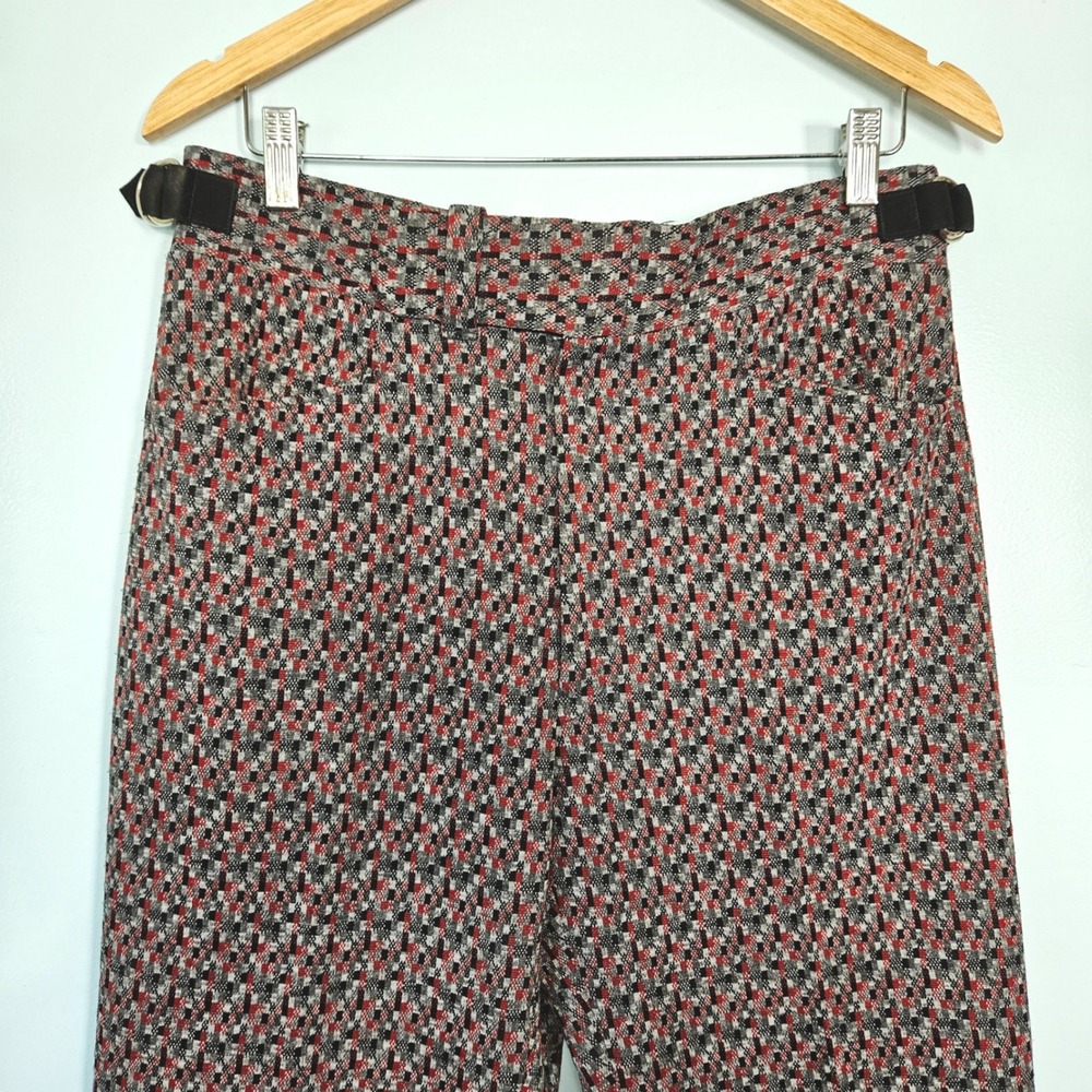 Vintage 70s Johnny Carson Red Black Geometric Double Knit Cinch Waist Trousers